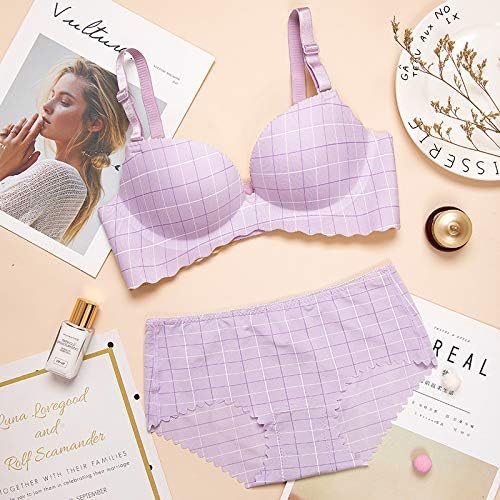 sakkdaull Seamless atrium spring and summer new one-piece plaid girl underwear comfortable gathering without steel ring bra 3213 set light purple 38/85AB thick section