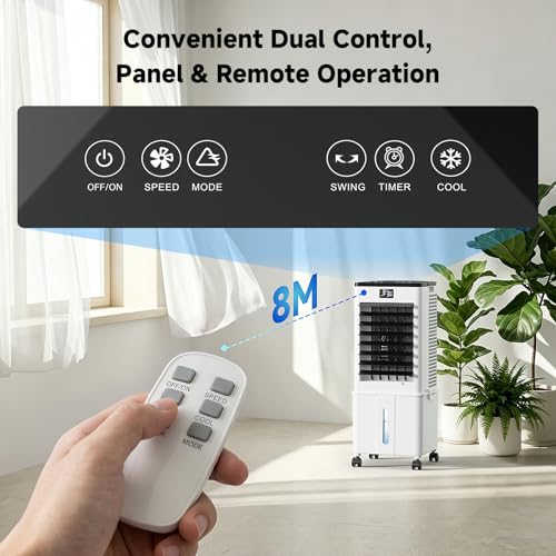 Portable Air Conditioner,4-in-1 AC Unit with 3 Speeds, 12H Timer, 60° Oscillation, 35dB Quiet, Remote Control, 10L Water Tank & 4 Ice Packs,60W Evaporative Air Cooler for Home & Office Bedroom（Black）