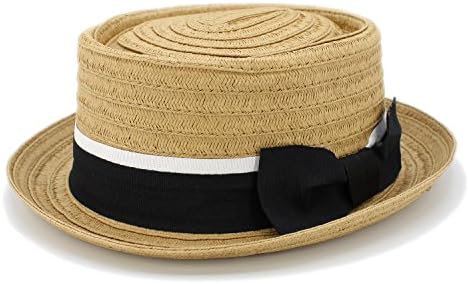 2" Brim Roll up Boater Hat Pork Pie Hat with Ribbon Band (Tea)
