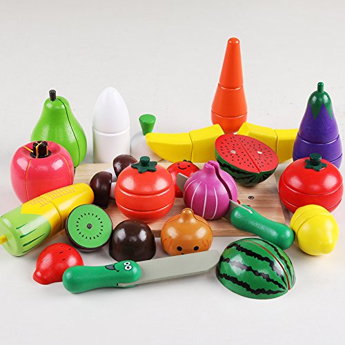 Wooden Cutting Cooking Toy With Magnetic Fruits Vegetables Pretend Food Playset Pretend Play Kitchen Set, Early Educational Development, Learning Gift For Boys Girls Toddler 2, 3, 4, 5, 6 Year Olds Ki