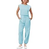 UK loees Girls Casual Jumpsuit Kids Fashion Crew Neck Elastic Waist Loose Rompers Long Pants with Pockets