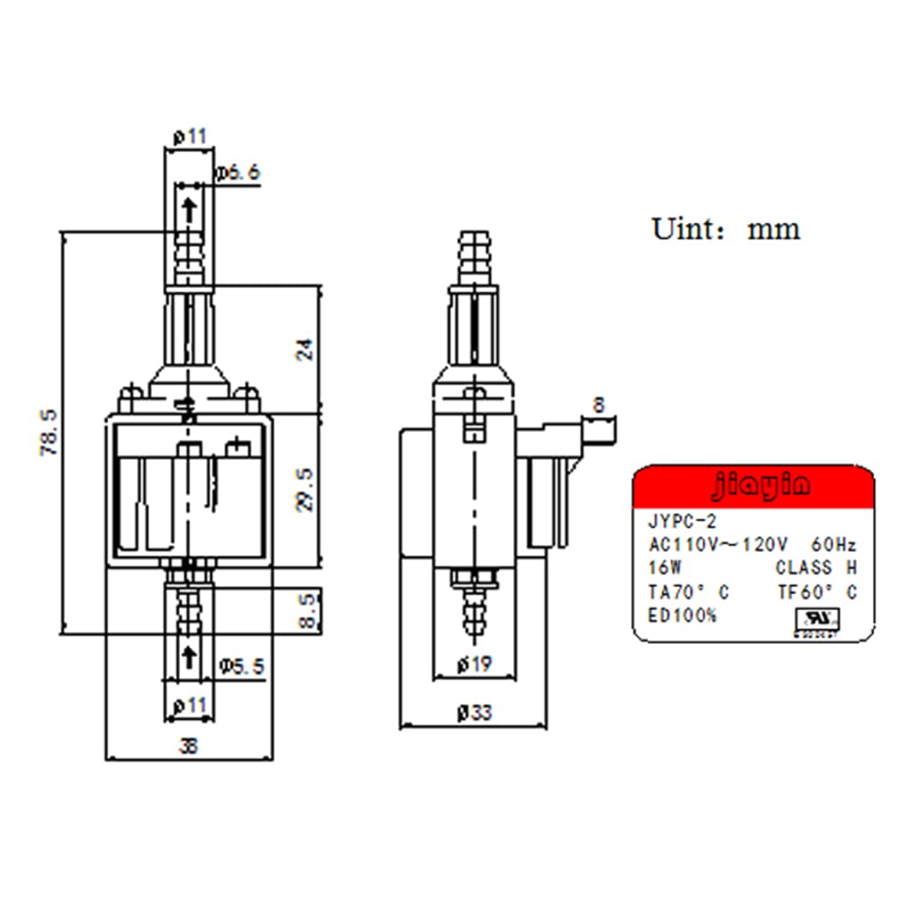 JIAYIN JYPC-2 AC 110V - 120V 60Hz 16W 100cc/min Electromagnetic Solenoid Water Pump for Electric Iron, steam mop/Garment Steamer/Coffee Machine, etc