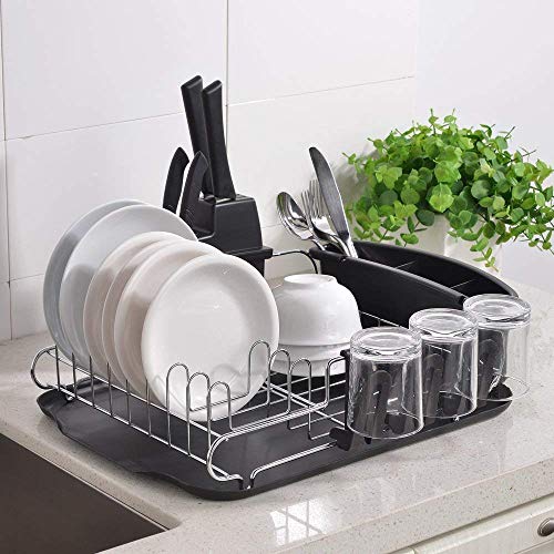 Loclgpm Rust-Proof Kitchen Draining Dish Drying Rack, Dish Rack With Black Drain Board, 3 Independent Cup Holder Accessories, 1 Wide Tableware Rack and Knife Holder Accessory