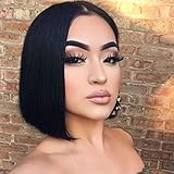 ATZHAIR 4x4 Lace Front Wigs Brazilian Remy Human Hair Wig Straight Short Bob Wig Pre Plucked with Baby Hair for African American Women Natural Color(8 Inch with 150% Density)