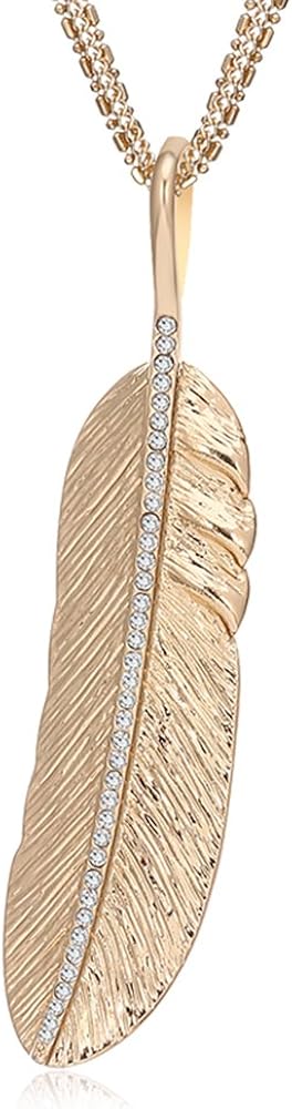 Stylish Long Chain Necklace Feather with Shining CZ Crystal Pendant Necklace Gold and Silver Plated Jewellery for Women Girls (Gold Plated)