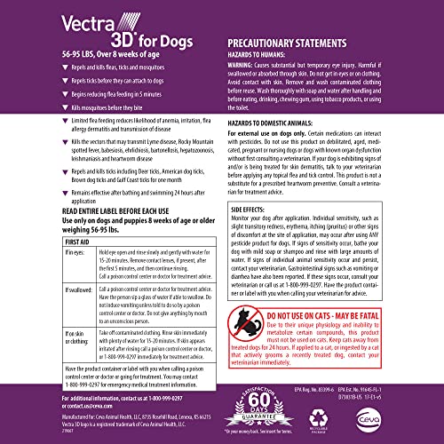 VECTRA 3D for Dogs Flea, Tick & Mosquito Treatment & Prevention for Large Dogs (56 to 95 lbs), 6