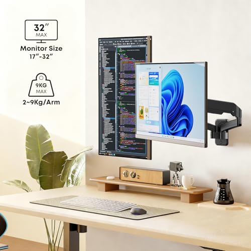 IMtKotW Monitor Wall Mount 2 Monitors for 17-32 Inch Flat & Curved Screens, 9 kg/arm, Ergonomic Height Adjustable, Tilt/Swivel and Rotatable, VESA 75 x 75/100 x 100 Monitor Mount Wall