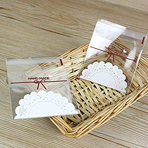 Handmade Cookie Bags 100 PCS,Lace Cute Bowknot Self Adhesive Plastic Candy Bags for Wedding Cookie Birthday Cake Pops Gift Candy Buffet Supplies, with Mysterious Gifts 2.75 x 2.75in