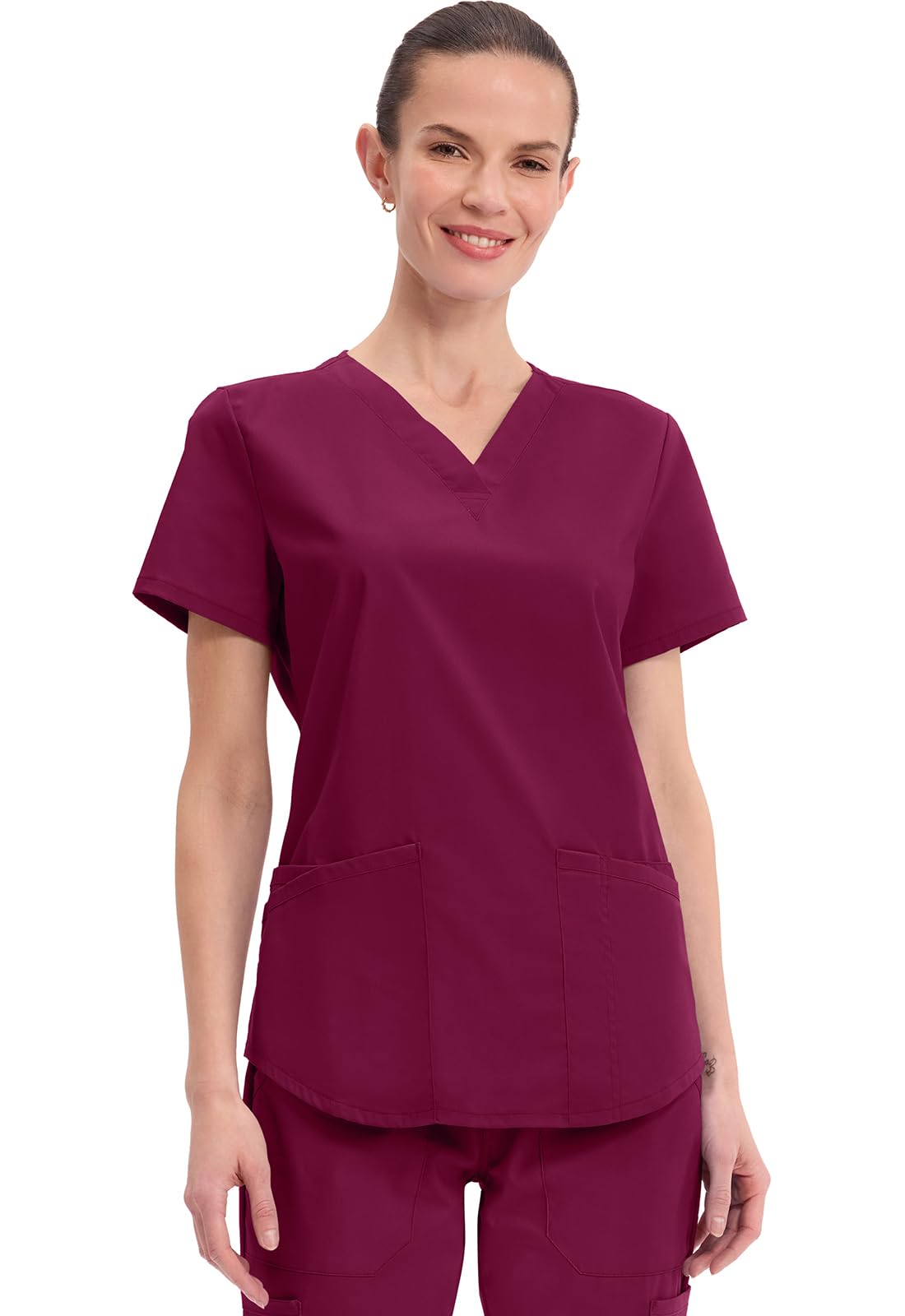 Photo 1 of Cherokee Scrubs for Women V-Neck Top, 3 Pockets, Fade Resistant, Soft Stretch Fabric with Shirttail Hem & Side Vents Plus Size - WW665, 4XL, Wine