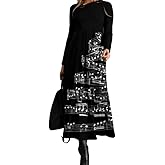 Women's Long Sleeve Maxi Dress with Floral, Plaid, Musical Note & Ethnic Prints, Loose Fit Flowy Casual Long Dress for Women