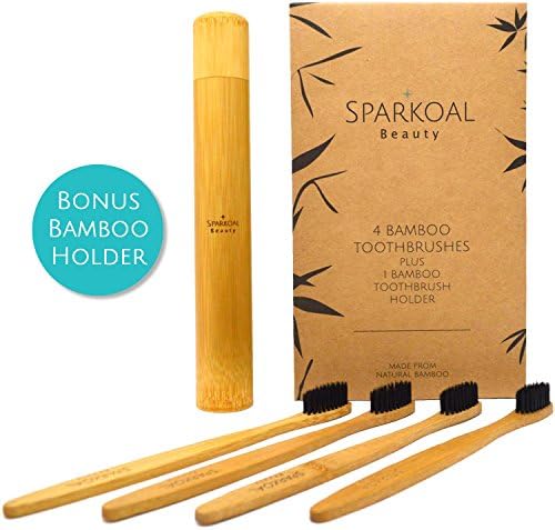 Bamboo Toothbrush with Charcoal Infused Extra Soft Bristles Set (4 Pack) and Bonus Bamboo Travel Toothbrush Holder - BPA Free Nylon Bristles - Best Organic, Natural, Biodegradable, Wooden Toothbrushes