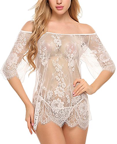 ADOME Dessous Erotik Set kalte Schulter Reizwäsche für Damen Sexy transparenter Spitzen 3/4 Ärmel Nachtwäsche Babydoll… – Bild 4
