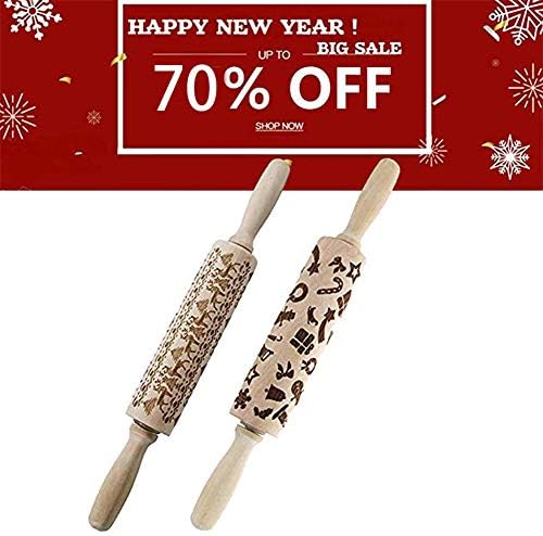 Christmas Wooden Rolling Pins embossed Embossing Rolling Pin with Engraved Christmas Themed Symbols Rolling Pin Kitchen Tool for Baking Embossed Cookies (17in AC)