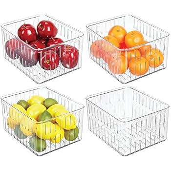 mDesign Plastic Kitchen Refrigerator Produce Storage Organizer Bin with Open Vents for Air Circulation - Food Container for Fruit, Vegetables, Lettuce, Cheese, Fresh Herbs, Snacks - XL, 4 Pack - Clear
