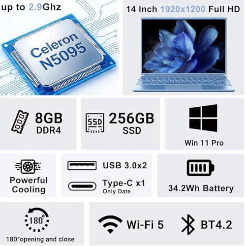 14 Inch Laptop 8GB RAM 256GB SSD Celeron N5095 Processor Chromebook, FHD 1920×1200 IPS Display, Blue Laptop with Webcam, WiFi 5, BT4.2, USB 3.0, Lightweight Business laptop, Work or Travel-Blue