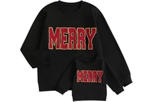 PUDCOCO Family Matching Mommy and Me Christmas Sweatshirt Long Sleeve Crewneck Merry Embroidery Pullover Top