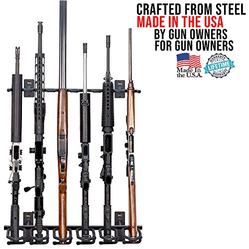 Hold Up Displays - Gun Rack and Rifle Storage Holds 6 Winchester Remington Ruger Firearms and More - Heavy Duty Steel - Made in USA