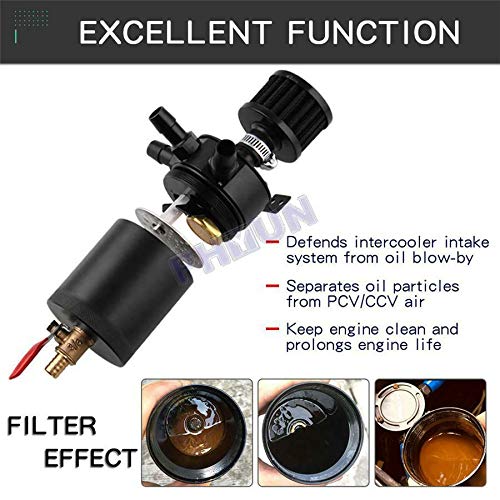 Universal Black Billet Aluminum Baffled 3-Port Oil Reservoir Catch Can Oil Separator Air Filter Cleaning Tank with Drain Valve Breather with Inlet Outlet Connector Keep the Engine Clean