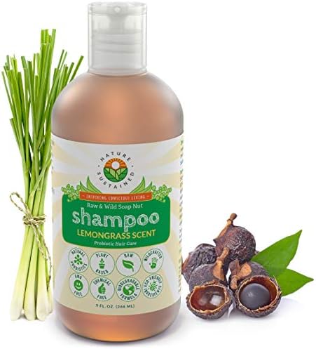 Organic Soapberry Shampoo [Lemongrass] - Cruelty Free Vegan Shampoo With Raw And Wild Plants for Sensitive, Itchy And Dry Scalp - Probiotics Shampoo For Eczema, Psoriasis And Dandruff - 9 Oz.