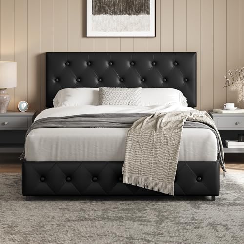 Yaheetech Bed Frame with Upholstered Headboard, Adjustable Height 140 x 200 cm, Beds Chests with Drawers, Slatted Base Double Metal Legs