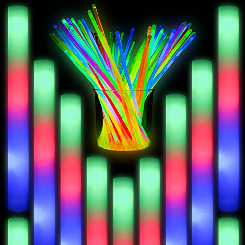126 PCS Glow in the Dark Party Supplies for Kids and Adults, Glow Sticks Party Pack with 26 LED Foam Glow Sticks and 100 Glow Sticks, Neon Party Supplies for Birthday, Wedding, Raves, Concert, Camping