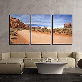 3 Piece Canvas Wall Art - Scenic and Empty Dirt Road in Monument Valley - Modern Home Art Stretched and Framed Ready to Hang - 16"x24"x3 Panels