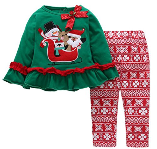 Baby Girls 2 Pieces Christmas Santa Long Sleeve Shirt Pants Outfit Set size 1-2Years/Tag90 (Green)