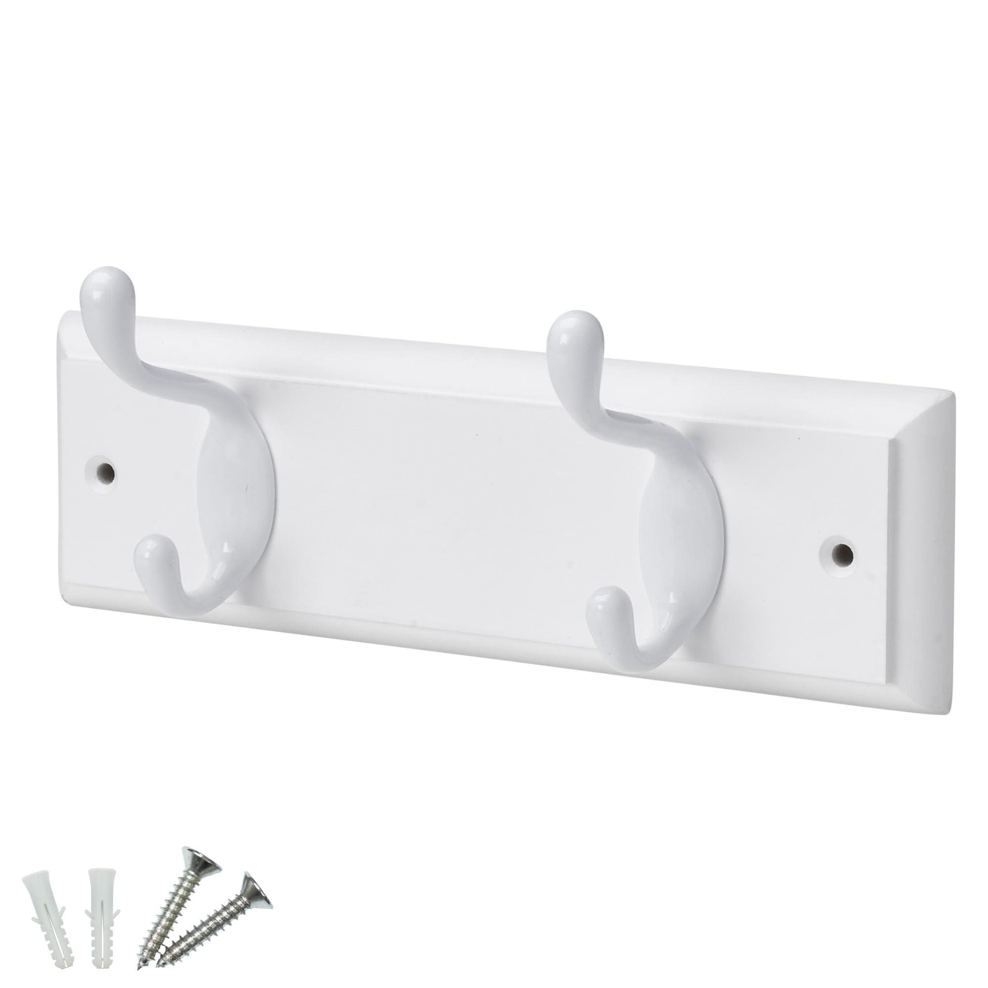 Keypak 2 Hook White Wooden Wall Mounted Coat Rack with 2 White Coat Hooks - Heavy Duty Wooden Board for Coats, Hats, Bags, Tools Space Saving Wall Storage Organiser, Fixings Included
