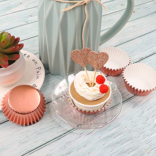 BAKHUK 330pcs Standard Rose Gold Cupcake Liners and Heart Cupcake Toppers, Foil Cupcake Wrappers for Baby Shower Wedding Party Decoration