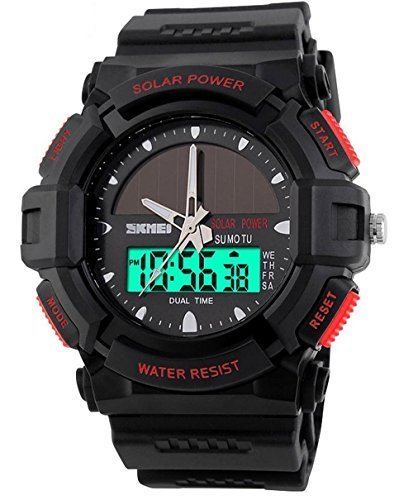 Gosasa Men's Solar Powered Dual Time Zones Sporty Digital Multifunctional Waterproof Watch - Red