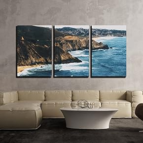 3 Piece Canvas Wall Art - Landscape of Seashore with Waves - Modern Home Art Stretched and Framed Ready to Hang - 16"x24"x3 Panels