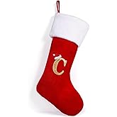 iDIY 20 Inches Monogrammed Christmas Stockings - Super Soft Plush Cuff Christmas Stockings with Initials, Large Embroidered Monogram Stockings with Letter for Xmas Fireplace Decoration-C