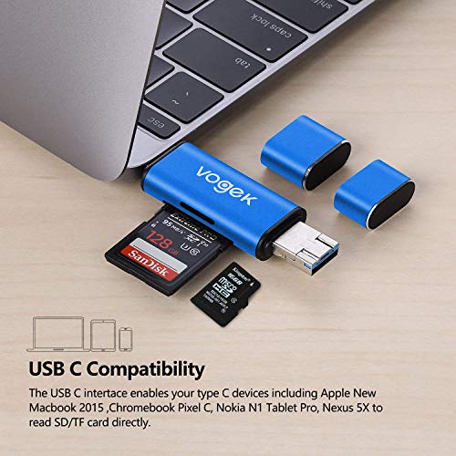 VOGEK SD Card Reader, 3-in-1 USB 3.0 / USB C/Micro USB Card Reader - SD, Micro SD, SDXC, SDHC, Micro SDHC, Micro SDXC Memory Card Reader for MacBook PC Tablets Smartphones - Blue