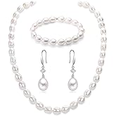 YAMI Pearl Necklace and Earrings Set, Black/Purple/White Pearl Jewelry Set, Natural Cultured Pearls with 925 Sterlings Silver