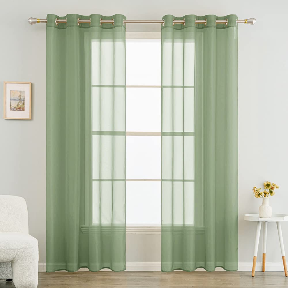 MIULEE 2 Panels Solid Color Green Sheer Curtains 96 Inch Length Set Elegant Grommet Light Filtering Window Voile Panels/Drapes/Treatment for Bedroom Living Room W54 x L96 Inch, Sage