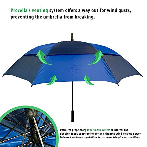 Procella Golf Umbrella Windproof Waterproof - 62 Inch Large Automatic Open Rain & Wind Resistant Vented Double Canopy - Best Golf-Sized Stick Umbrellas for Men and Women (Navy Blue/Light Blue)