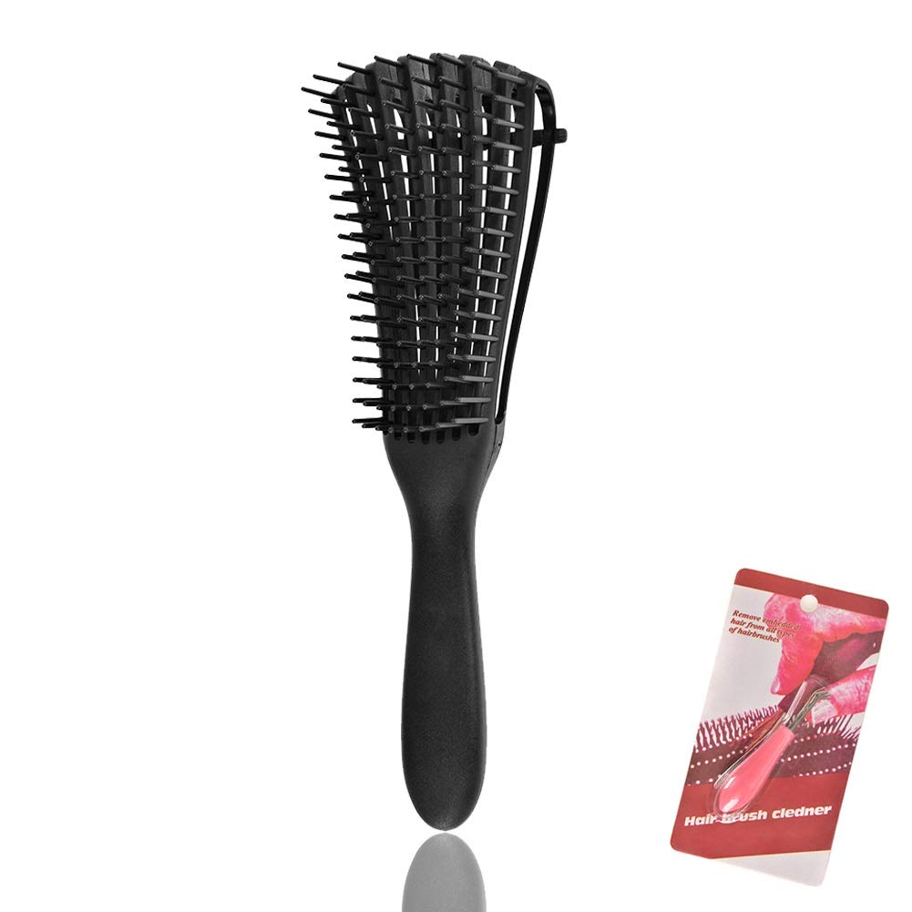 Detangling Brush for Natural Hair - Detangler for Afro Textured 3a to 4c Kinky Wavy Wet Dry Long Thick Curly with Hair Brush Cleaner Tool (Black)