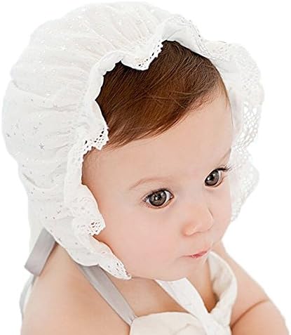 Nara Baby Kin, Girl Lacy Bonnet Eyelet Lace Breathable Cotton Adjustable Sun Hat (White)