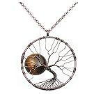 Top Plaza Tumbled Stone Full Moon Tree of Life Chakra Handmade Bronze Wire Wrapped Pendant Necklace - Tiger Eye
