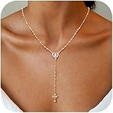 Women's Gold Virgin Mary Necklace - 14k Gold Plated Rosary Bead Cross Necklaces,Hypoallergenic Non Tarnish Gold Catholic Y Chain Necklace,Religious Rosary Beads Crucifix Necklaces Jewelry Gift for Her