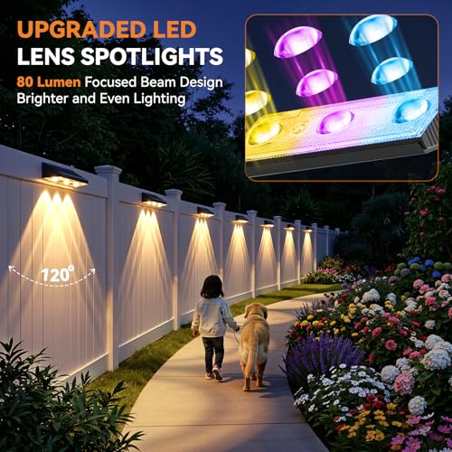Solar Fence Lights Outdoor 10 Pack, Upgraded Brightness 3X LED Lens Fence Lights Solar Powered, 9 Fixed Colors & RGB Lights, IP65 Waterproof Solar Lights for Outside Backyard/Railing/Step/Patio