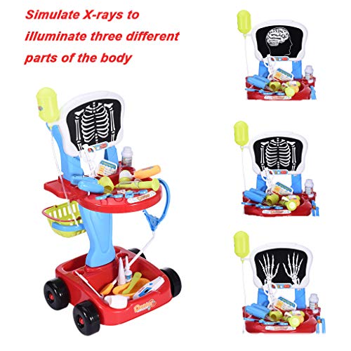 Childrens Doctor Pretend Play Set | 22 Piece Kids 2-Tier Doctor Trolley Playset with Electric Analog X-ray Screen & Medical Accessories Kit Stethoscope Toys | Educational Toy Gifts for Kids (Red) - Thumbnail 5