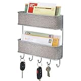 mDesign Wall Mount Metal Woven Mail Organizer Storage Basket - 2 Tiers, 6 Hooks - for Entryway, Mudroom, Hallway, Kitchen, Office - Holds Letters, Magazines, Coats, Leashes, Keys - Metalic