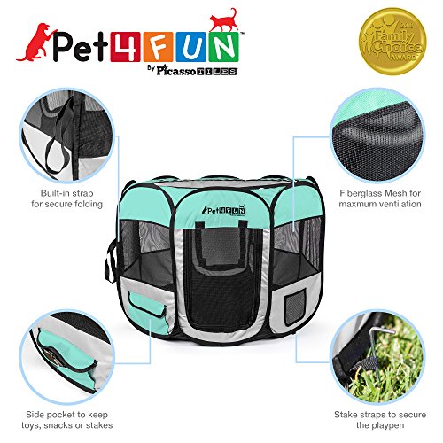 PicassoTiles PET4FUN PN935/PN945 Portable Pet Puppy Dog Cat Playpen Crates Kennel w/Water Resistant 600D Oxford, 210D Nylon, Carrying Bag, Collapsible Bowl, Removable Mesh Cover 2 Sizes - Thumbnail 2