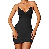 LCNBA Women's Sexy Spaghetti Strap V-Neck Mesh Ruched Bodycon Mini Club Dresses