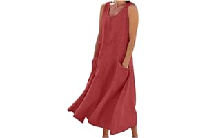 Gcvizuso Summer Dresses for Women 2024 Casual Cotton Linen Dress Sleeveless Flowy Maxi Sundress Solid Beach Tank Dress