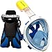 Snorkel Set : Full Face Snorkeling Mask + Adjustable Diving Fins (Blue, S/M)