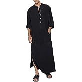 Jacansi Men's 65% Cotton 35% Linen Long Sleeve Kaftan, Button Down Ankle Length Thobe with Side Split &amp; Pocket