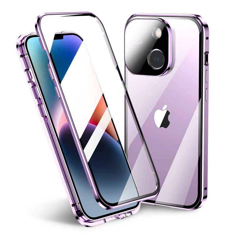 iPhone 14 Clear Case, Compatible with MagSafe,with Screen Protector and Camera Cover,Full Body Protection Double Sided Tempered Glass Case (Purple)
