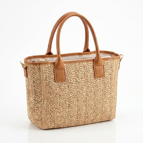 Women's Raffia Bag – Handwoven Straw Tote Bag with PU Leather Handles – Adjustable Shoulder Bag, Includes Small Purse, Summer and Beach Bag with Secure Closure (Brown)